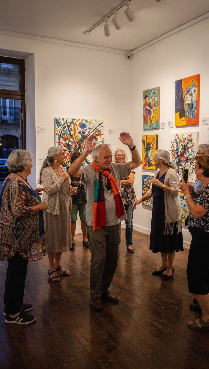 Group of seniors dancing joyfully at a studio.