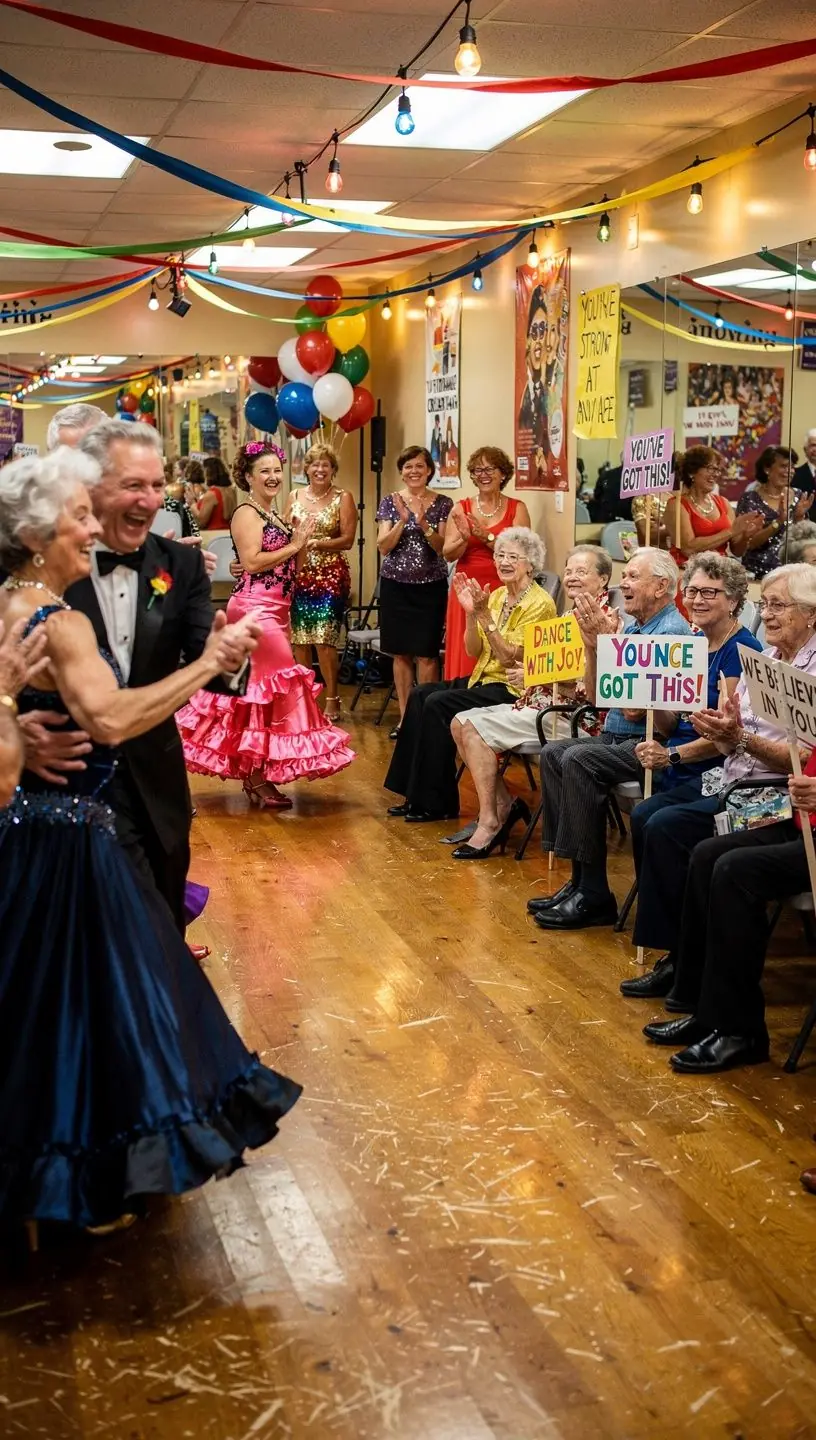 Elderly dancers enjoying a vibrant class session.